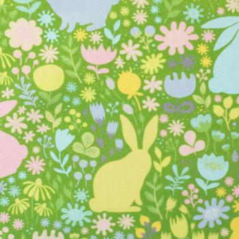 Preview: Bauwoll Druck Bunte Hasen auf Grün von Happy Easter by Swafing 